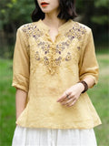 Female Summer V Neck Embroidered Breathable Shirts