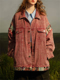 Women's Ethnic Patchwork Chest Pockets Button Up Denim Jacket