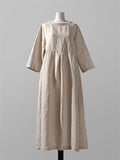 Oversized Round Neck Cotton Linen Pleated Dress for Lady