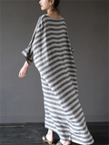 Relaxed Stripe Round Neck Cotton Linen Long Dress for Lady