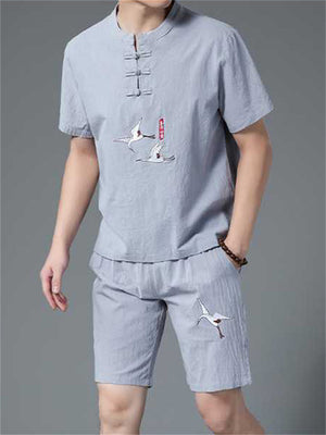 Stand Collar Shirt & Shorts Tang Suit Men's Summer Outfits