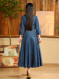 Women's Retro Hand-Embroidered Blue Denim A-Line Dress