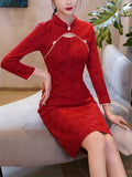 Chinese Style Wine Red Knee Length Jacquard Qipao