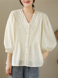 Female Popular V-Neck Lace Splicing Lantern Sleeve Shirt