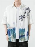 Chinese Landscape Ink Painting Vintage Shirt for Men