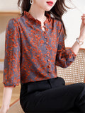 Women's Ruffled Collar Print Decorative Button Faux Silk Shirt