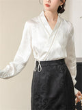 Women's Faux Pearl Waisted Lace-Up Jacquard Shirts