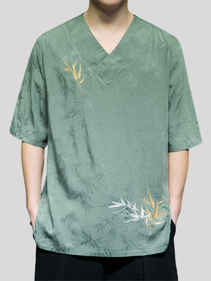 Men's Casual Cozy Smooth Leaf Embroidery Short Sleeve Shirt