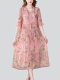 Female Comfortable Dandelion Embroidered Midi Dress