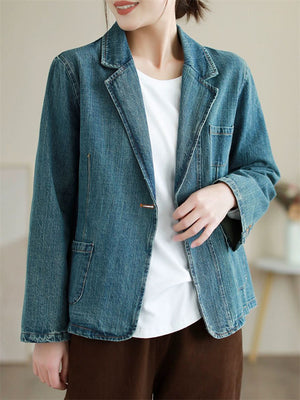 Women's Stylish Notched Lapel One Button Denim Blazer