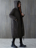 Women's Mid-length Black White Stripe Fleece-lined Coats