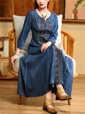 Women's Retro Hand-Embroidered Blue Denim A-Line Dress