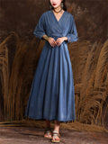 Women's Elegant V Neck Lantern Sleeve Pleated Denim Dress