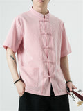 Men's Chinese Style Stand Collar Knot Button Summer Striped Shirt