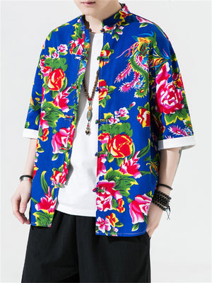 Male Flower Peacock Printed Short Sleeve Shirt