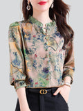 Women's Ginkgo Leaf Print Pleated Collar Long Sleeve Retro Green Shirt