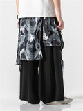 Men's Zen Ocean Wave Flying Crane Print Loose Hakama Pants