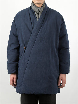 Men's Winter Plain Linen One Button Cotton Padded Coat