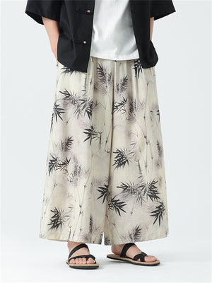 Male Chinese Style Bamboo Leaf Mountain Print Summer Pants