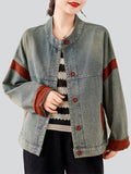 Contrast Color Retro Button Up Denim Jacket for Women