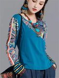 Female Ethnic Style Floral Patchwork Round Neck Long Sleeve Shirts