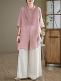 Female Leisure Cotton Linen 3/4 Sleeve Mid-Length Shirt