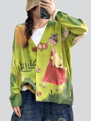 Cute Cartoon Print V Neck Button Long Sleeve Jacket for Women