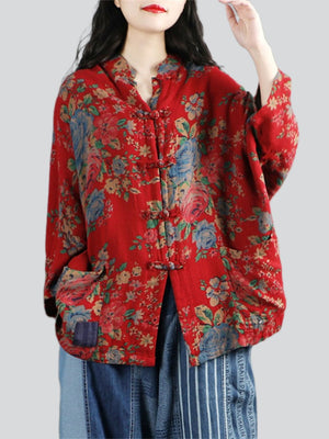 Women's Chinese Northeast Big Flower Print Knot Button Red Shirt