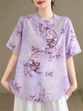 Women's Gentle Flower Embroidery Round Neck Half Sleeve Shirt