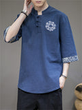 Retro Totem Embroidery Half Sleeve Linen Shirt for Men