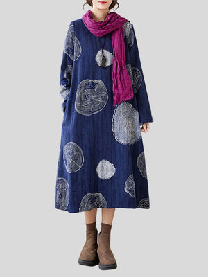 Lady Ethnic Style Polka Dot Fleece-lined Winter Cotton Linen Dress