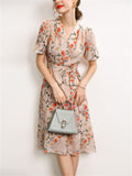 Ladies French Style V-Neck Floral Print Lantern Sleeve Dress