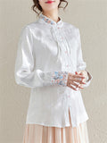 Women's Flower Embroidery Elegant Stand Collar White Shirt