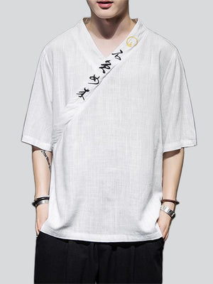 Men's Retro Linen V Neck Hanzi Embroidered Summer Shirt