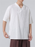 Men's Summer V Neck Short Sleeve Regular Fit Linen Shirt