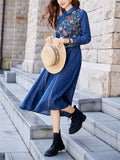 Female Ethnic Style Embroidery Floral Slim Denim Dress