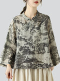 Women's Oriental Scenery Print Stand Collar Long Sleeve Shirt