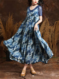 Women's French Style Daisy Print Blue Midi Dress