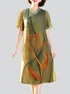 Ladies Cozy Breathable Chiffon Dress with Golden Lotus Print