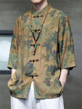 Vintage Shirt with Green Mountain & Chinese Loong Print