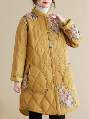 Women's Country Style Stand Collar Button Mid-Length Warm Cotton Coat