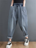 Spring Summer Women's Vertical Striped Drawstring Jeans