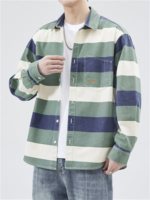 Men's Lapel Contrast Color Striped Button Up Jackets