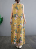 Chinese Rose Print Retro Yellow Tank Dress for Women