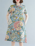 Summer Female Floral Print Round Neck Elegant Knee Length Dress