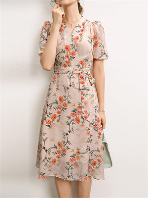 Ladies French Style V-Neck Floral Print Lantern Sleeve Dress