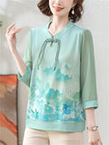 Women's Ancient Style Print Elegant Stand Collar 3/4 Sleeve Shirts