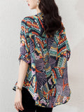 Colored Drawing Print V Neck Half Sleeve Rhinestone Shirt for Lady