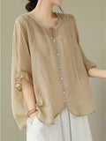 Ethnic Style Round Neck Ruffle Sleeve Transparent Shirt for Women