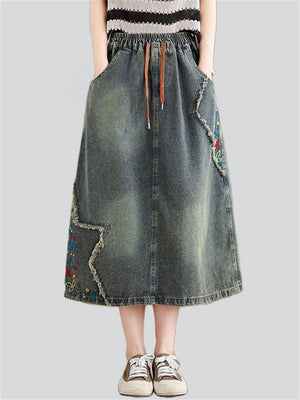 Ladies Floral Embroidered Lace-Up A-Line Denim Skirts